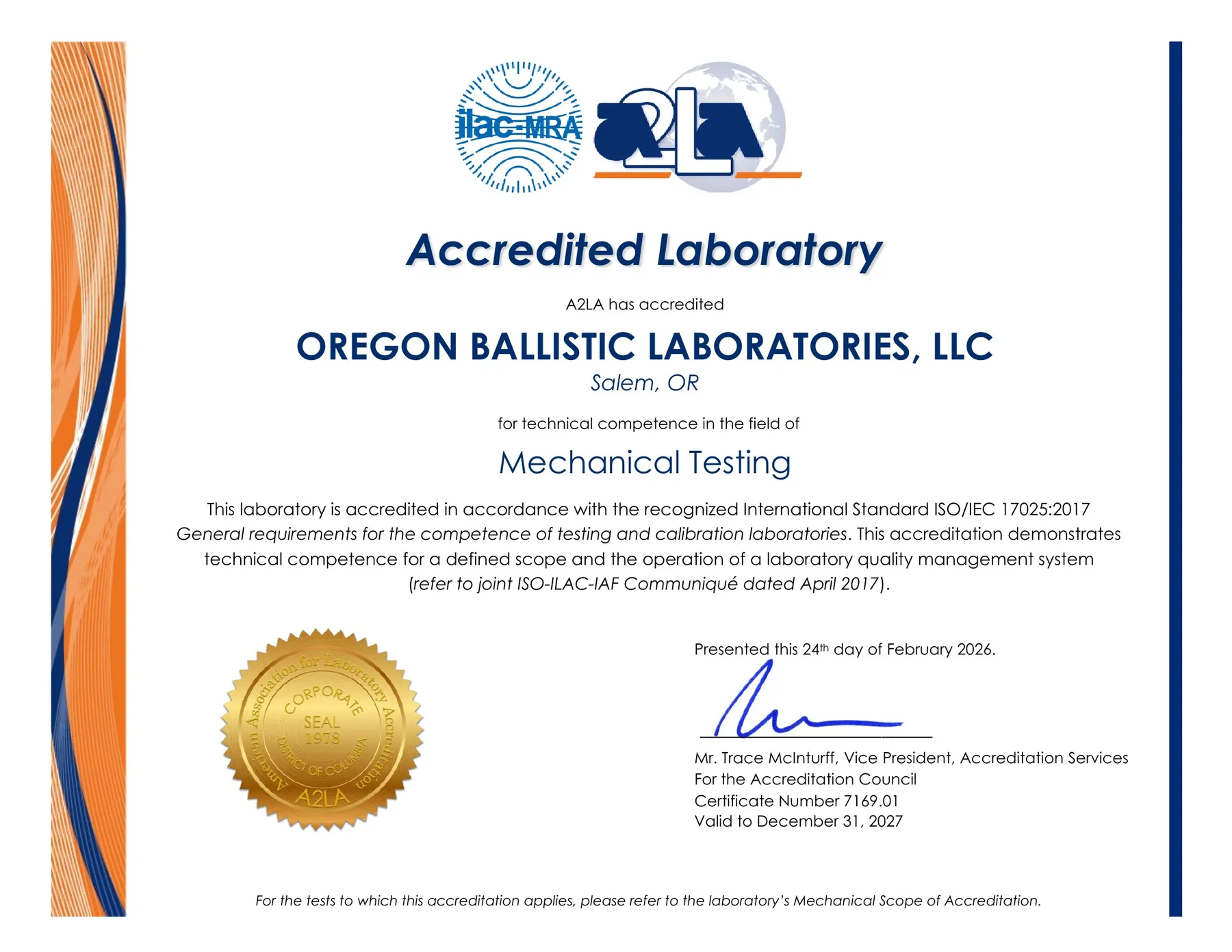 A2LA Certificate of Accreditation (Cert. No. 7169.01, valid to December 31, 2027)