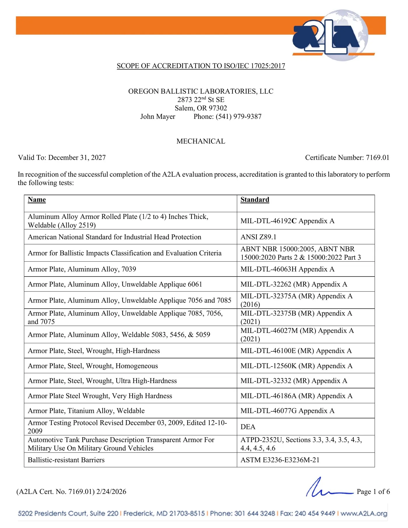 A2LA Scope of Accreditation – Page 1 of 6