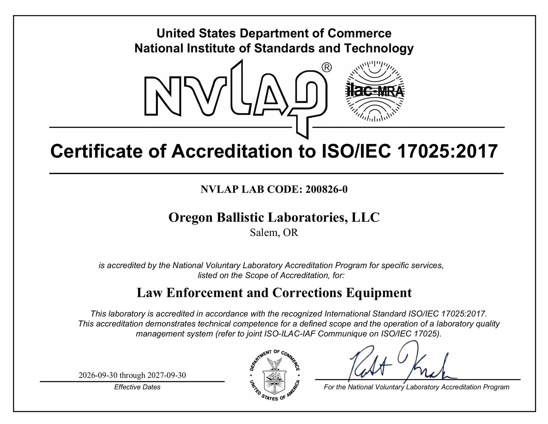 NVLAP Certificate of Accreditation (Lab Code 200826-0, 2026-09-30 through 2027-09-30)