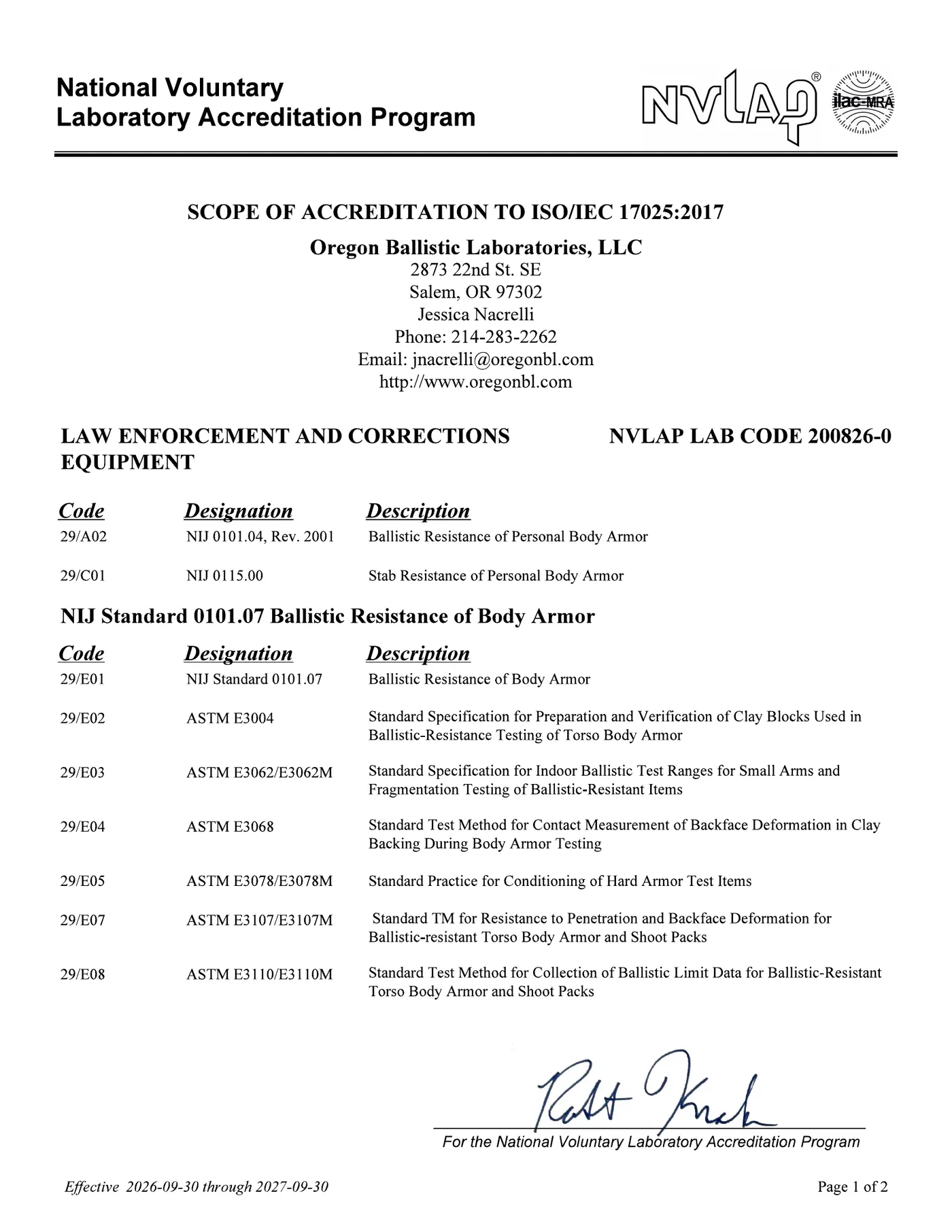 NVLAP Scope of Accreditation – Page 1 of 2