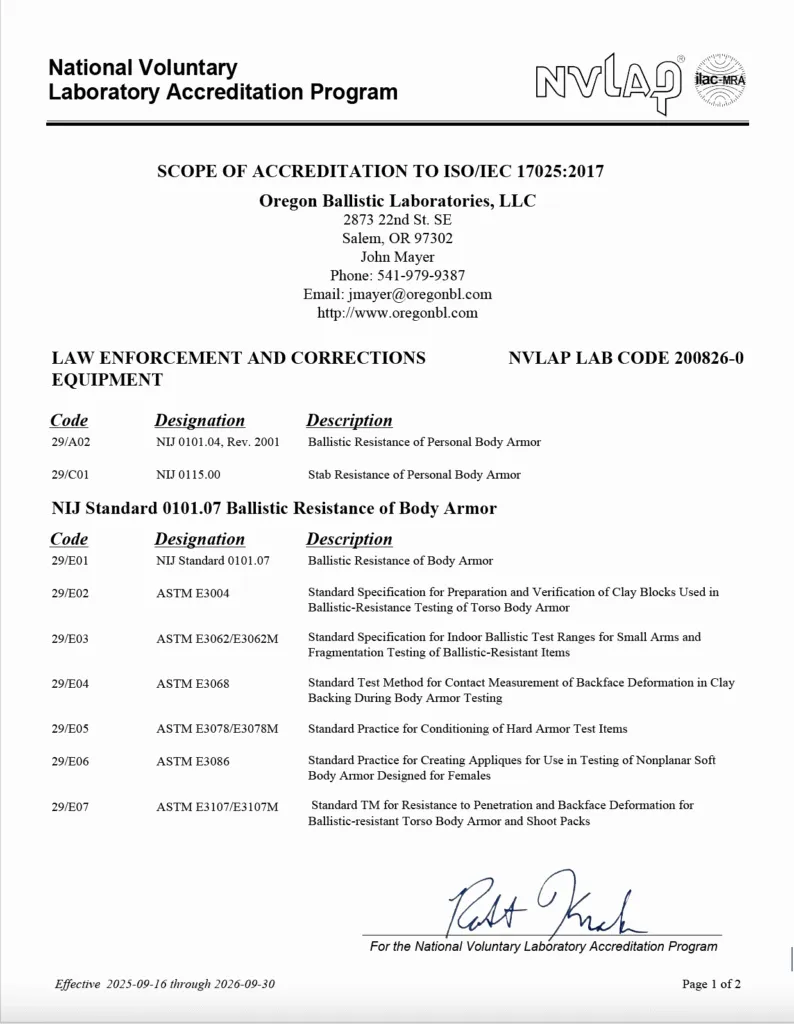 NVLAP Scope of Accreditation – Page 1
